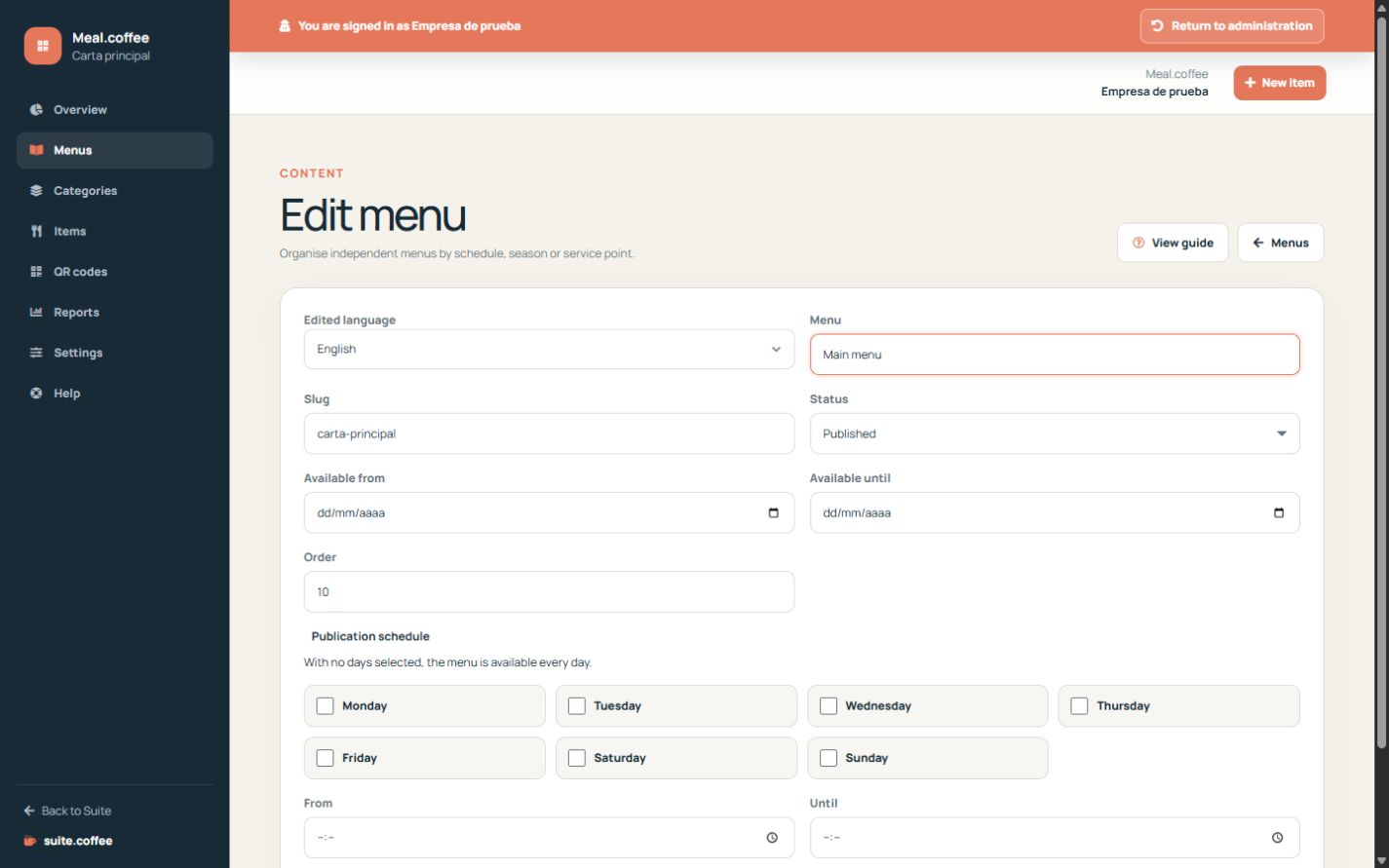 Meal menu form with language, status, dates and weekly schedule.