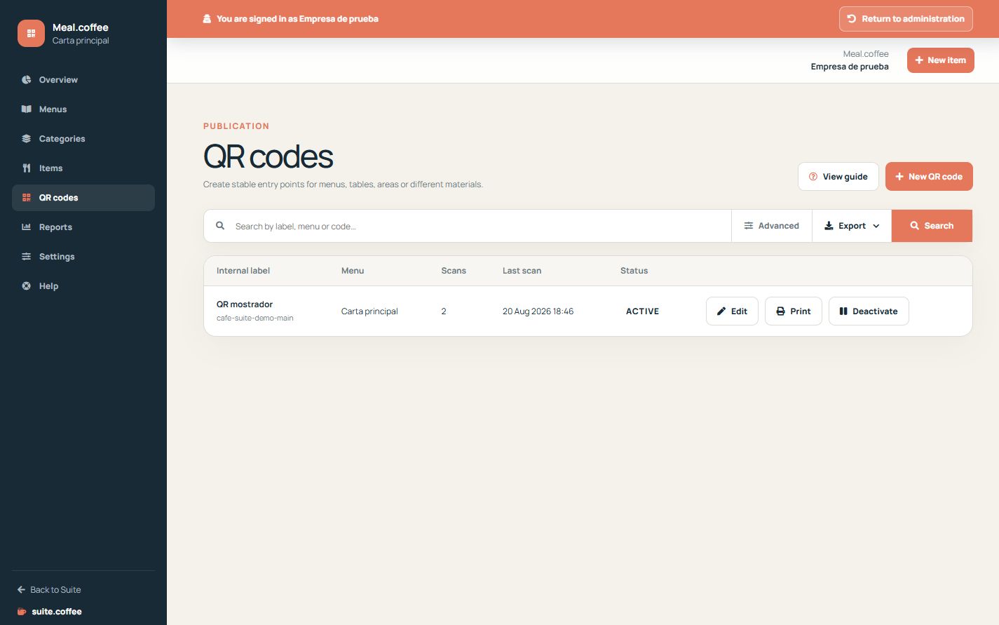 Meal QR code list with menu, scans, status and actions.