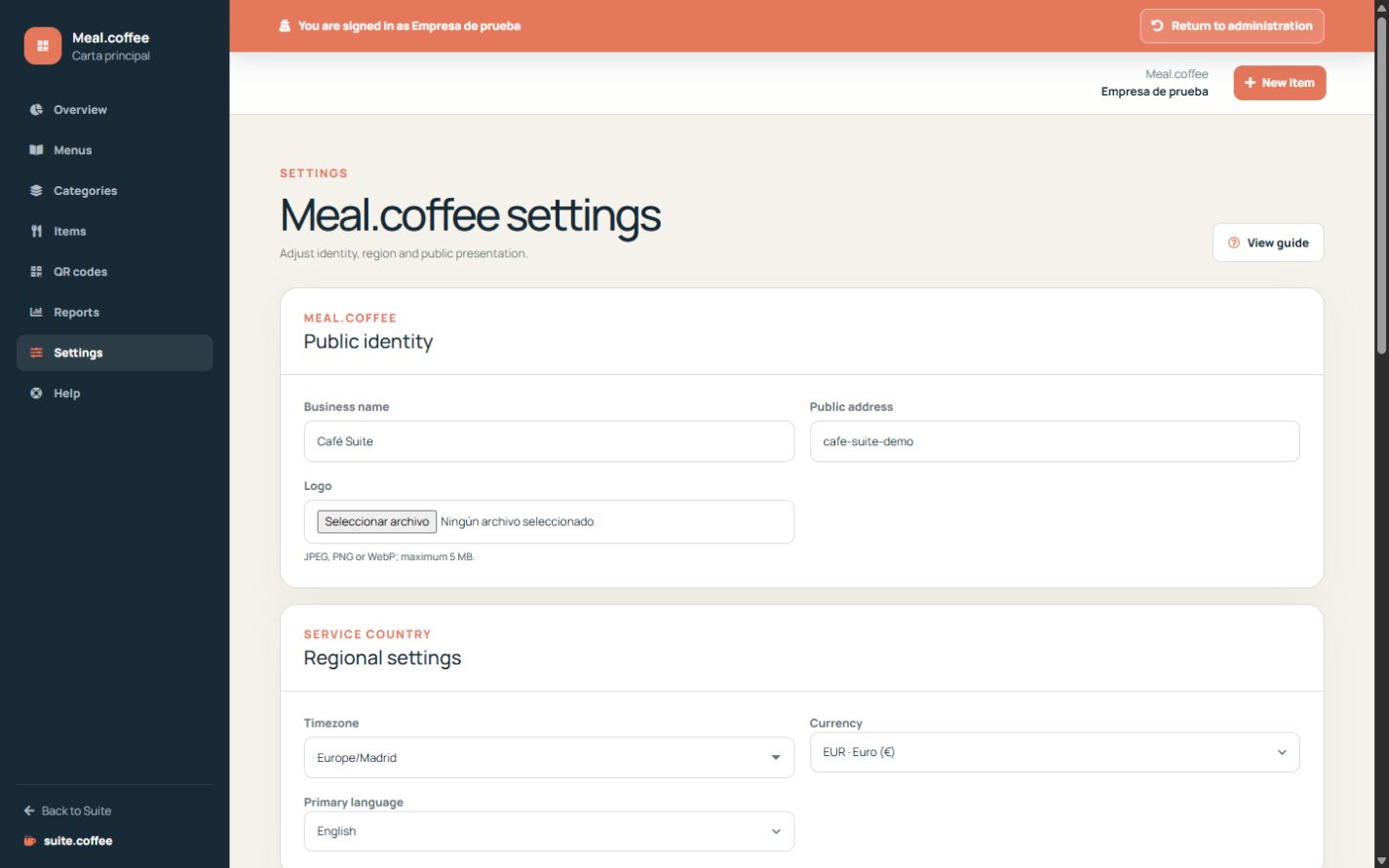 Meal settings with public identity and regional options.