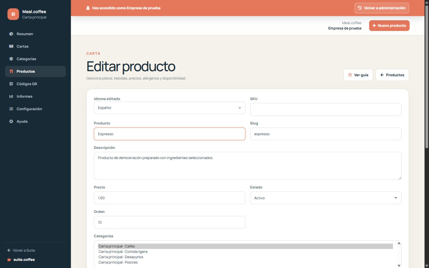 Formulario de producto de Meal con contenido, precio, categorías, etiquetas y alérgenos.
