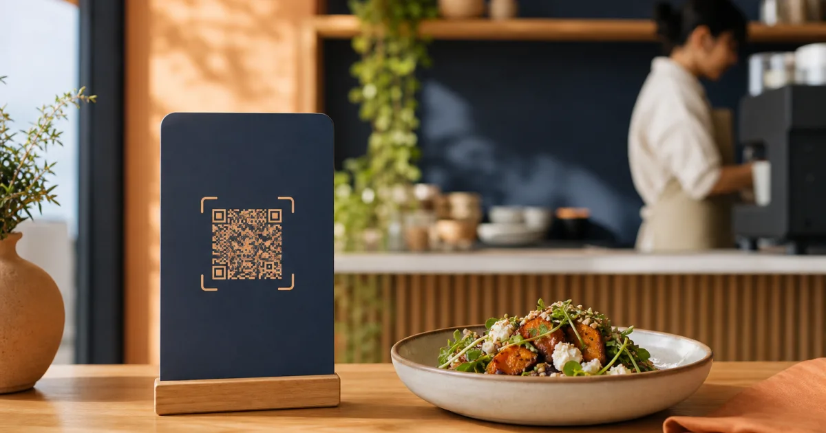 Cliente che consulta un menu QR con piatti stagionali ben organizzati