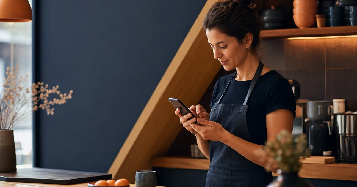 Restaurant manager checking a digital menu on a phone before service