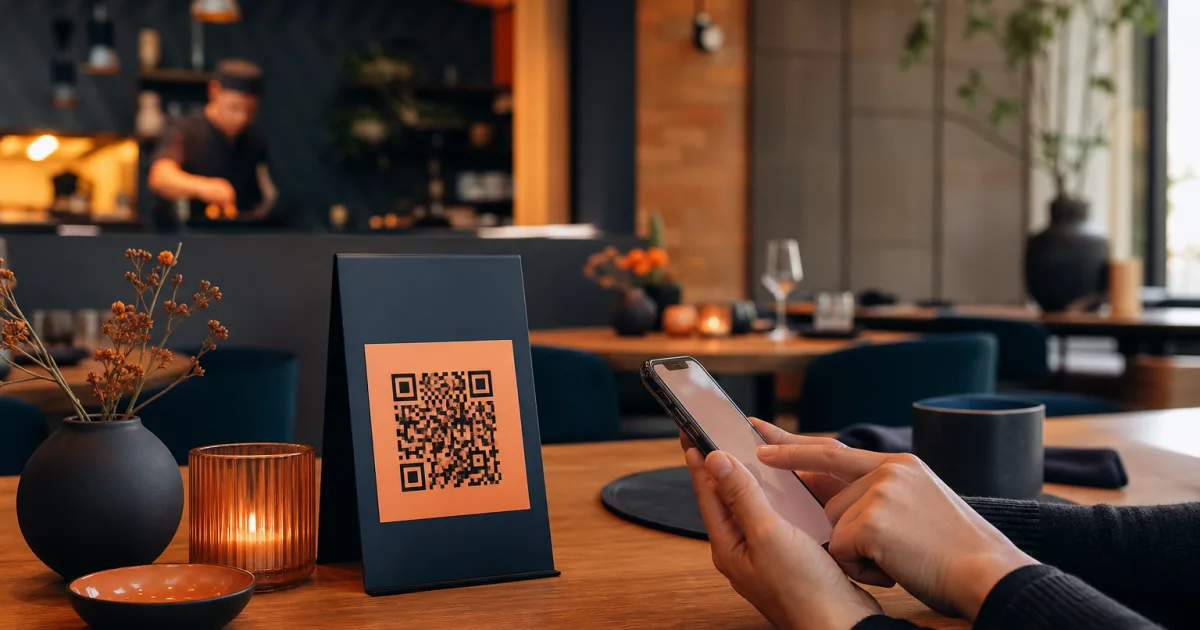 Ospite di un ristorante consulta un menu QR ben organizzato su un telefono cellulare