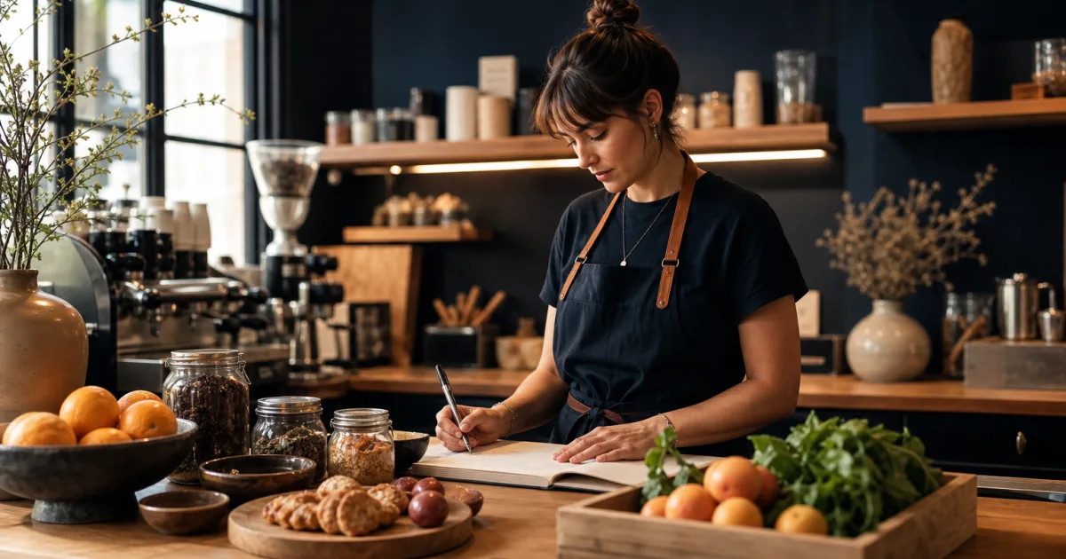 Café manager reviewing ingredient stock while updating menu availability
