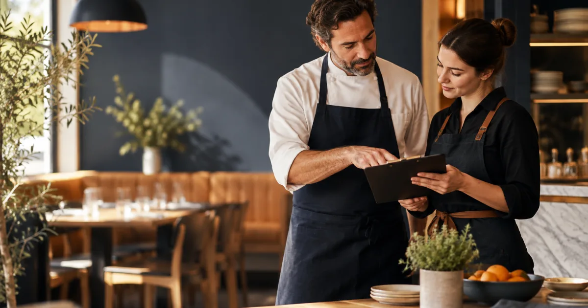 Gerente de restaurante conferindo informações atualizadas dos pratos em um cardápio com QR Code antes do serviço