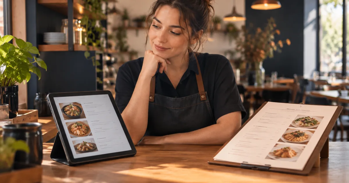 Proprietário de um café compara um cardápio digital no celular com um cardápio impresso de restaurante