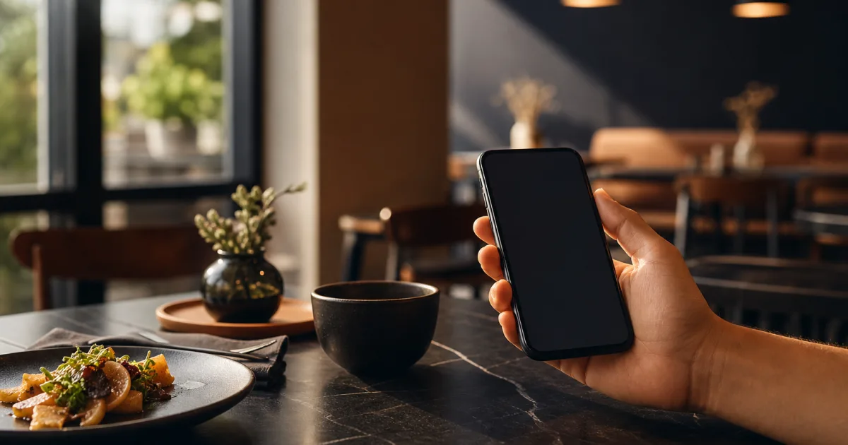 Klient przeglądający przejrzyste menu cyfrowe restauracji na telefonie