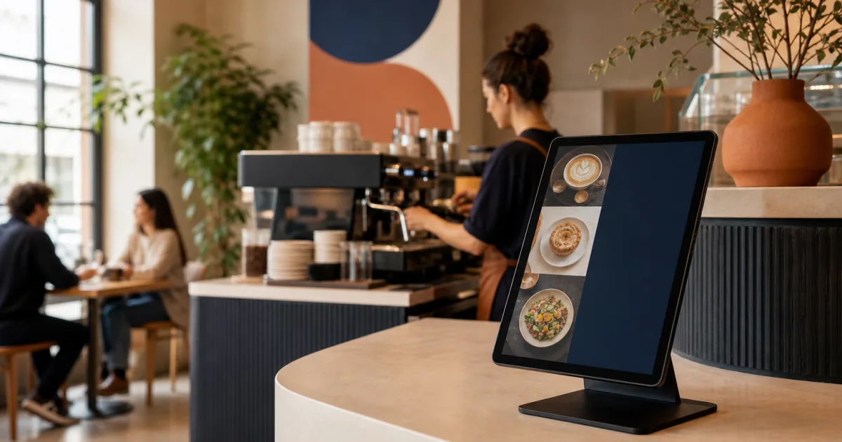 Café customer viewing a digital menu with current prices and availability