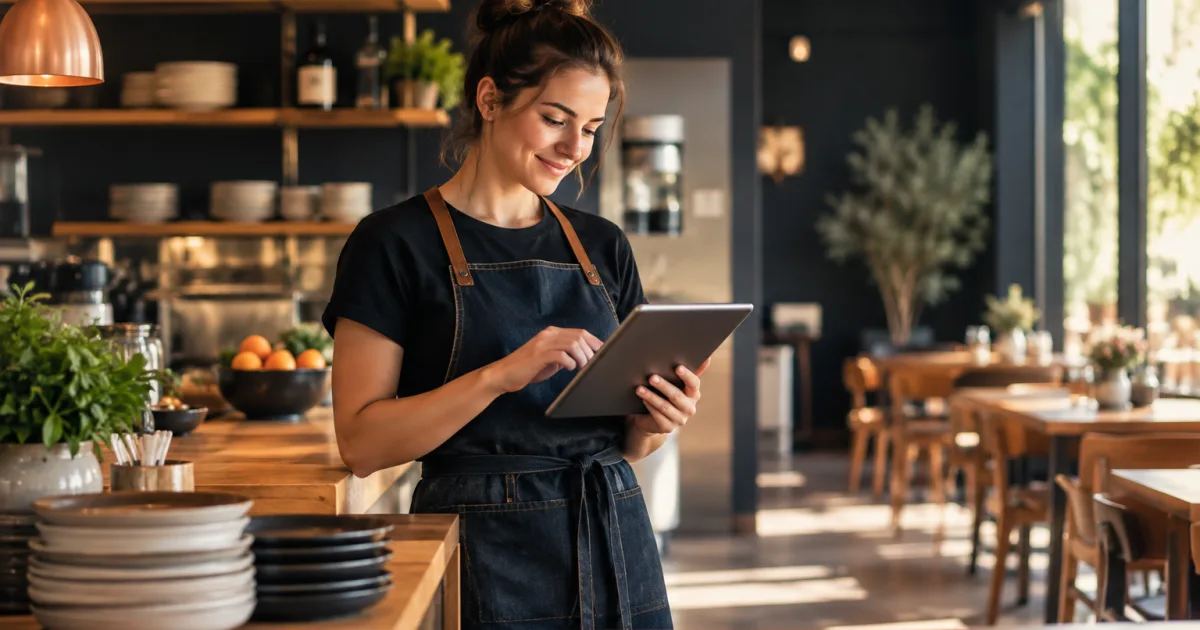 Restauranteigenaar controleert een digitaal menu op wijzigingen in gerechten, prijzen en beschikbaarheid