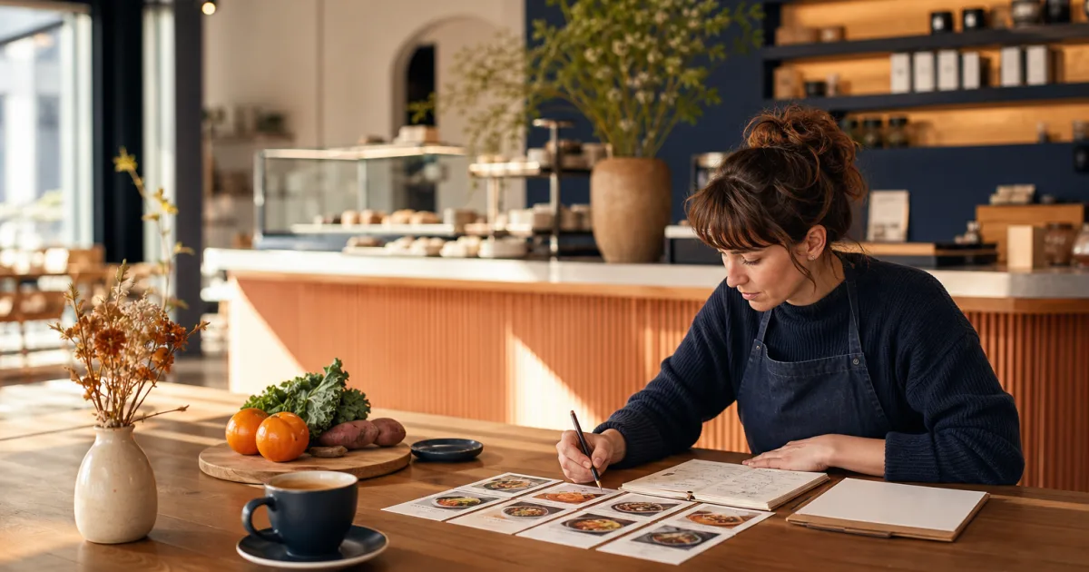 Café staff reviewing menu availability and price updates