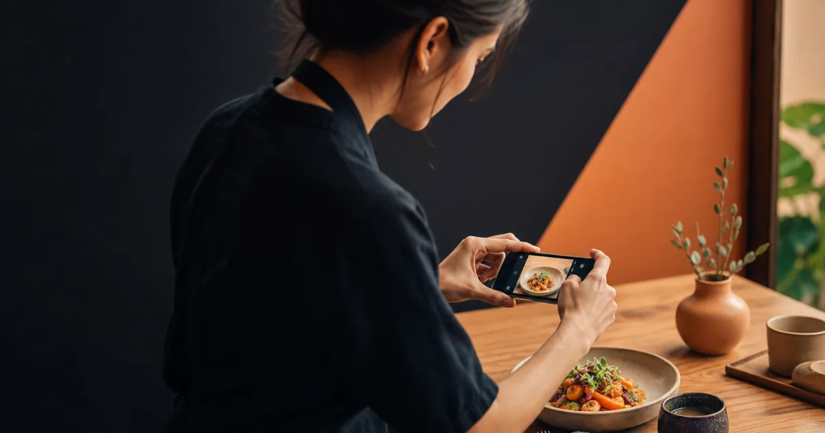 Majitel kavárny kontroluje jasné fotografie jídel v digitálním menu na mobilu