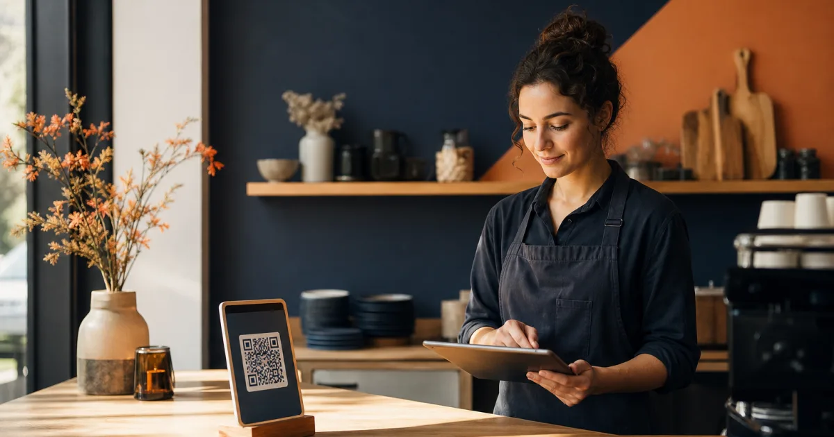 Café customer scanning a QR code to view an up-to-date digital menu