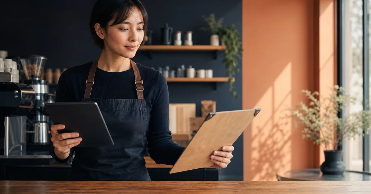 A café customer viewing a digital menu through a QR code beside a printed menu
